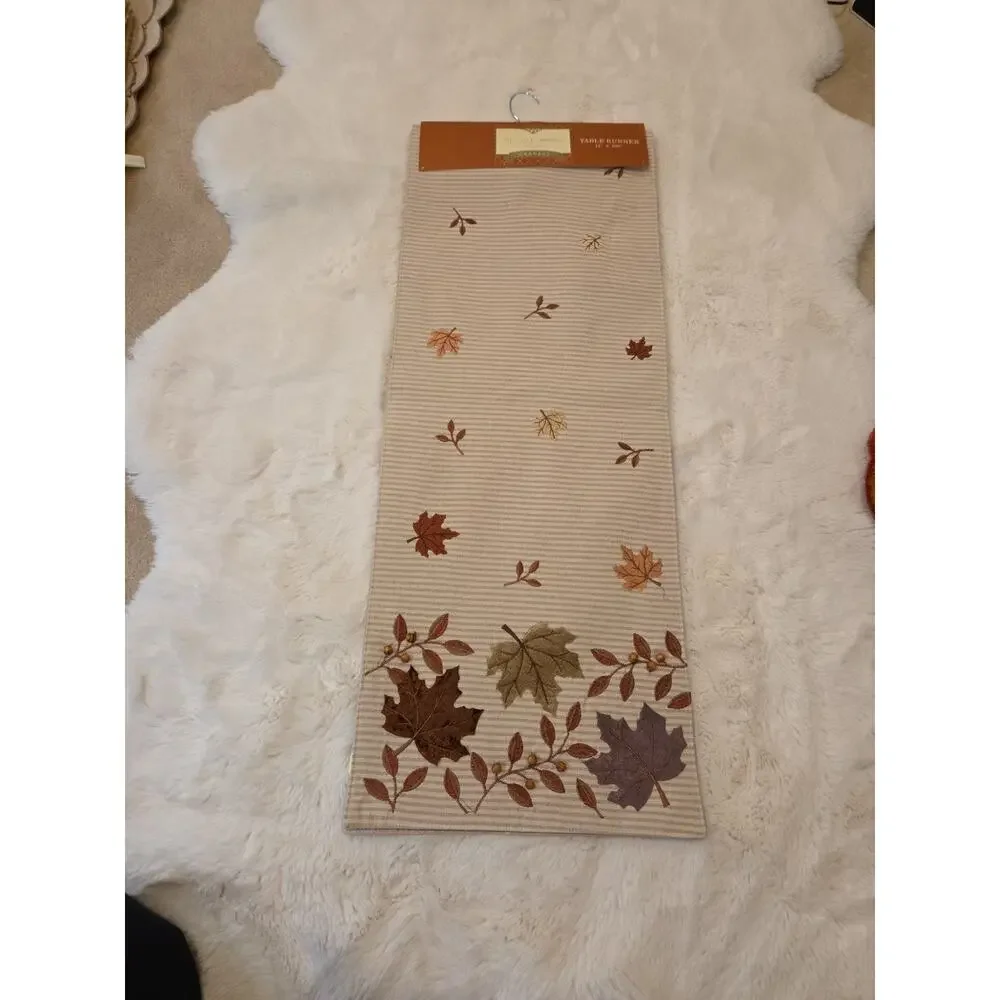 Wellesley Manor Harvest Table Runner New Embroidered Fall Leaves Applique 14x108